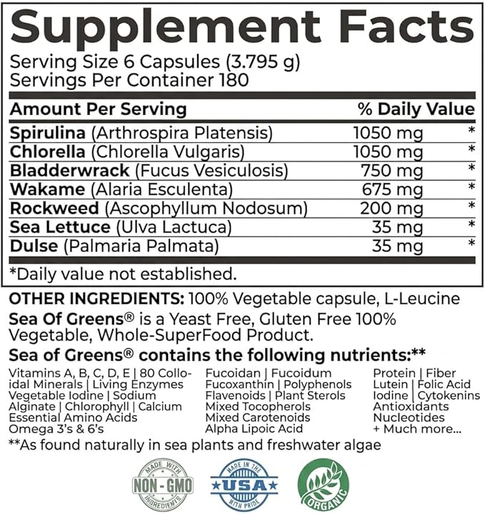 Sea of Greens – Organic Seaweed &amp Algae Superfood Blend – Spirulina Chlorella Bladderwrack Wakame – Natural Iodine &amp Fucoidan – Oxalate-Free – 180 Vegetable Capsules - 2 Pack