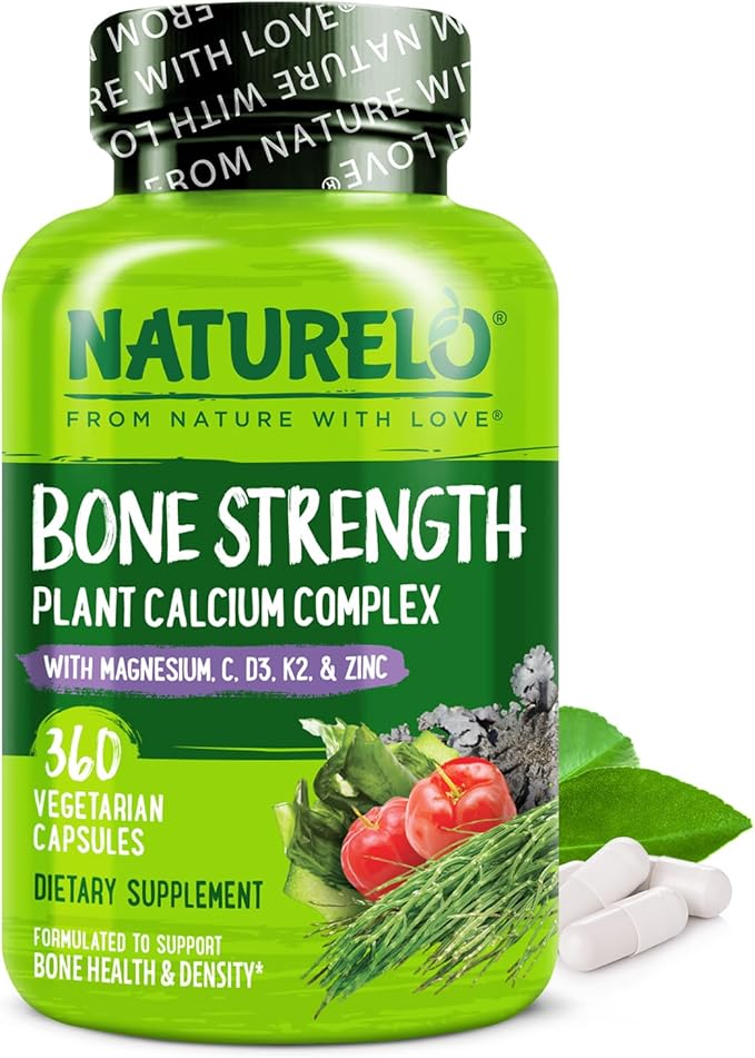 NATURELO Calcium Supplement - with Vitamin C Vitamin D3 K2 and Calcium Magnesium Zinc for Bone Strength with Calcium 600mg - Plant-Based 360 Vegetarian Capsules Non-GMO Soy &amp Gluten-Free