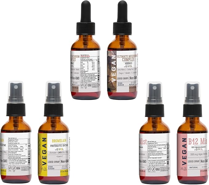 Trio Bundle - Mushroom Complex Drops B12 Mist &amp Bromelain Spray - Non-GMO Gluten-Free Sugar-Free Easy Absorption Multivitamins for Kids &amp Adults - 2 Fl Oz 420 Day Supply