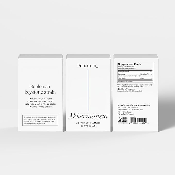 Pendulum Akkermansia Probiotic with Prebiotic Fiber - Increases GLP-1 Production Delayed Release Third-Party Tested 100M AFU Live Strain for Gut Health for Men &amp Women (30 Capsules 1-Pack)