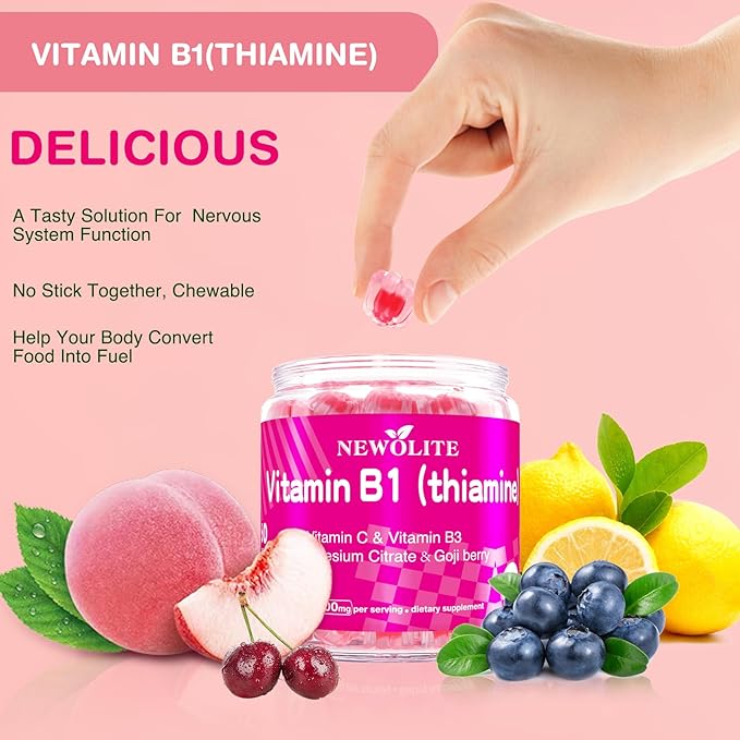 Vitamin B1 Gummies Chewable Thiamine 500mg &amp Vitamin B3 &amp Vitamin CSugar Free - Non GMOVeganNatural Peach Flavor - Thiamine B1 Supplement for Adults &amp Kids