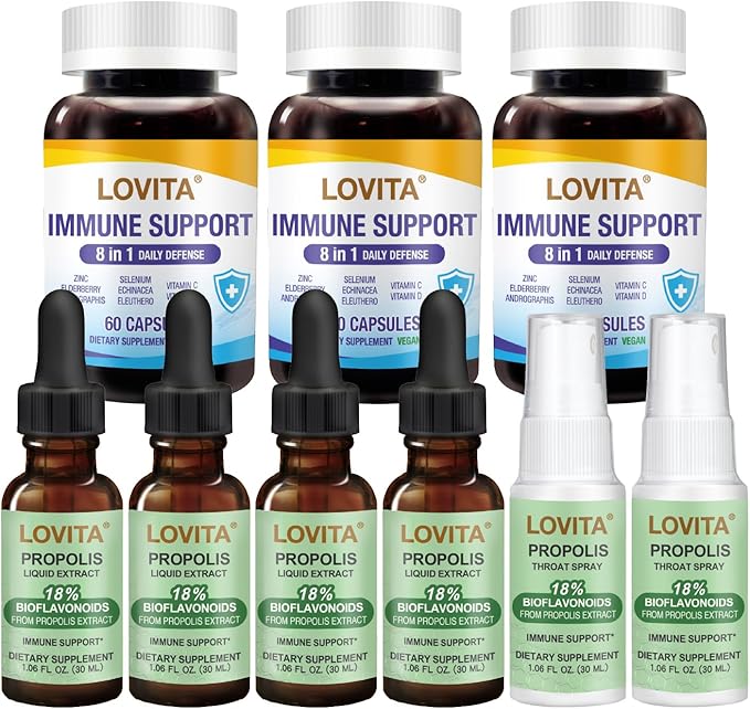 LOVITA 9-Piece Family Bundle - 4 Propolis Liquid 2 Sprays &amp 3 Immune 8-in-1 Bottles Comprehensive Seasonal Defense Kit (9 Pc Value Set)