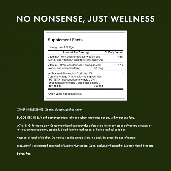 Swanson Cod Liver Oil - Wellness Supplement Promoting Bone Skin Health Vision Support &amp Immune System Function w/High Absorption Vitamin A - (180 Softgels 350mg Each) 2 Pack