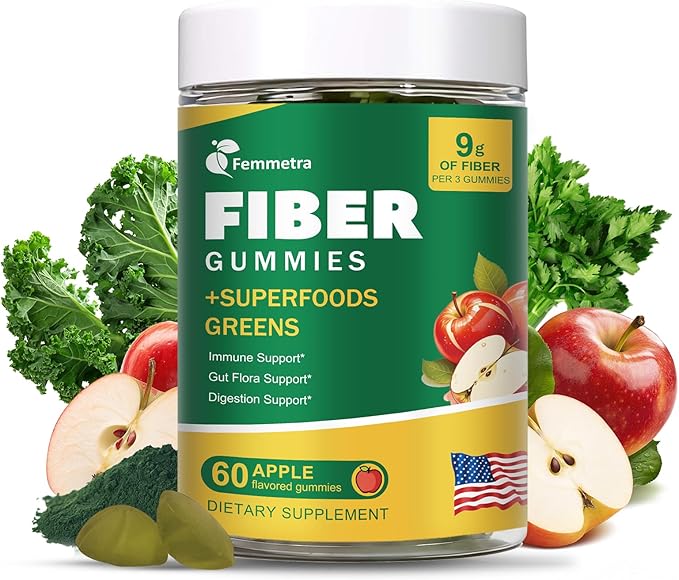 9G Fiber Gummies for Digestive Health &amp Regularity - No Sugar Added Apple Flavor - Prebiotic Fiber Supplement with Greens - Daily Gummies for Adults Women &amp Men - 60CT