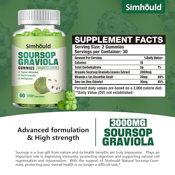 2 Pack Soursop Graviola Gummies - 3000mg Extra Strength Soursop Leaves Supplement with Vitamin C Zinc - Digestive Aid Immune Support &amp Antioxidant - Sugar-Free Non-GMO Vegan 120 Counts