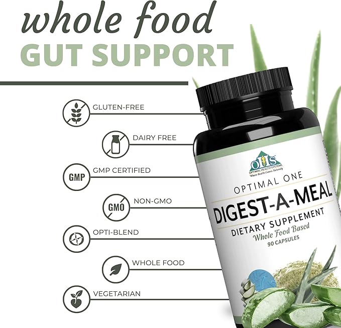Optimal Health Systems Digest-A-Meal | Gut Health Enzyme &amp Probiotic | Bloating Acid Reflux &amp Indigestion Relief + Aloe Vera Leaf | Digestion Supplement | 90 Capsules