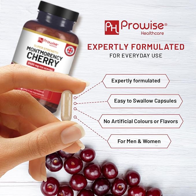 Montmorency Cherry 6400mg - 200 Tart Cherry Capsules - Natural Tart Cherry Extract Supplement for Men &amp Women – Super Strength Gluten Free Vegan and GMO Free - Made in The UK by Prowise