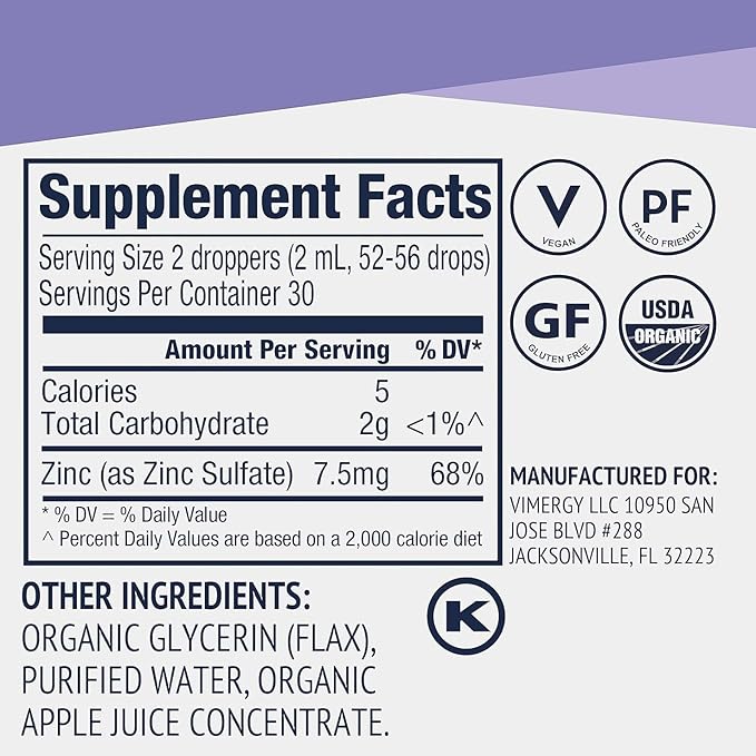 VIMERGY USDA Organic Zinc Supplements for Women &amp Men (7.5mg Liquid Zinc Per Serving) Fast-Absorbing Immune Support Promotes Healthy Bones &amp Skin Vegan (Pack of 2)