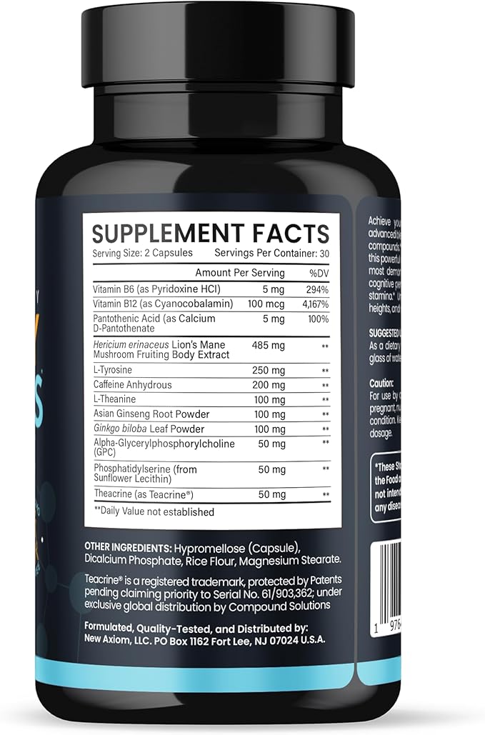 Energy and Focus - Extra Strength 200mg Caffeine and Lions Mane Mushroom Supplement 60 Capsules - with Alpha GPC L-Theanine L-Tyrosine to Support Brain Function and Concentration