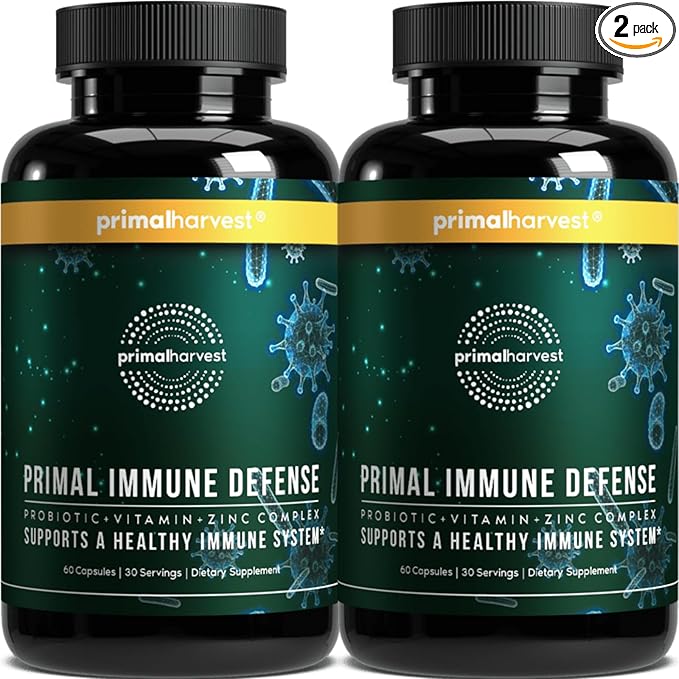 Primal Harvest Primal Immune Defense: 10-in-1 Immune Support with Probiotics Zinc Vitamins C B6 D3 &amp K2 Immune Booster for Adults 60 Capsules (2-Pack)