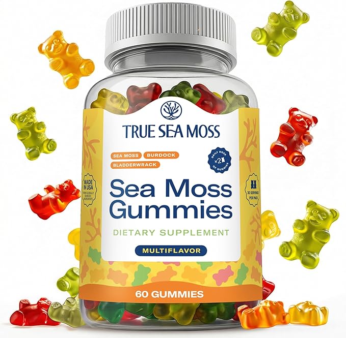 TrueSeaMoss Irish Sea Moss Gummies with Burdock Root &amp Bladderwrack – Formula for Adults &amp Kids – 60 Gummies (Packaging May Vary)