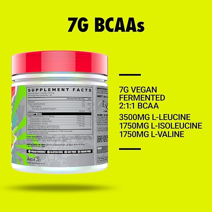 GHOST BCAA Powder Amino Acids Supplement Kiwi Strawberry - 30 Servings - Sugar-Free Intra Post &amp Pre Workout Amino Powder &amp Recovery Drink 7G BCAA