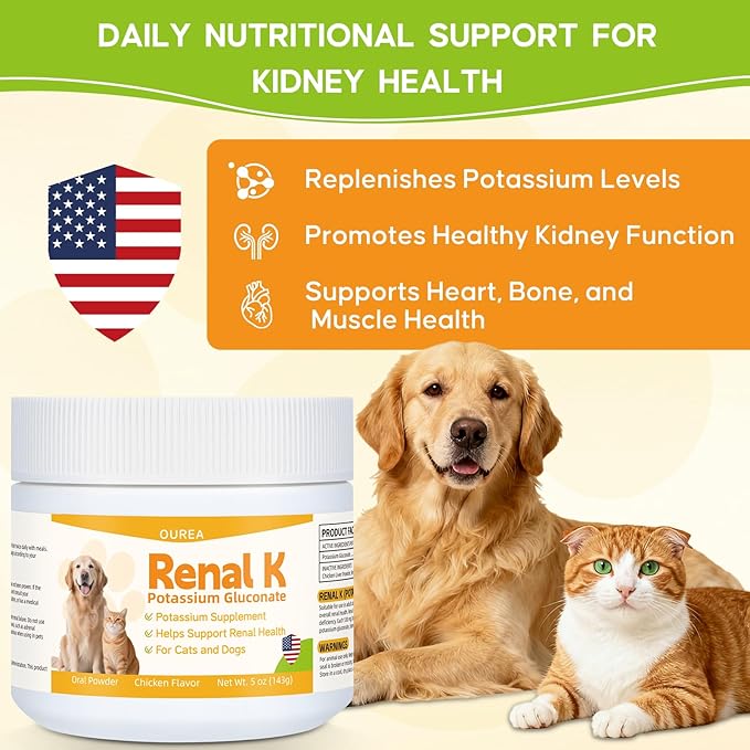 Renal K Potassium Gluconate for Dogs &amp Cats – 2.2 mEq per Scoop – Supports Kidney Function Restores Potassium Levels – Boosts Energy – Muscle Strength – Vet-Recommended