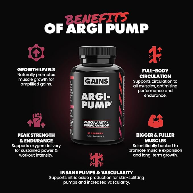 Gains in Bulk L Arginine Amino Acids Supplement for Nitric Oxide Support Supplements for Men with L-Arginine L Citrulline and L Ornithine Muscle Pump Energy and Heart Health Support 90 Capsules