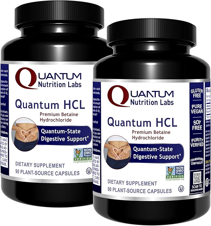 QNL Quantum HCL - Betaine HCl Capsules for Digestive Aid - Supports Gastric Acid Secretion - Digestion Supplement That Aids Nutrient Absorption - 90 Vegetarian Capsules (2 Pack)