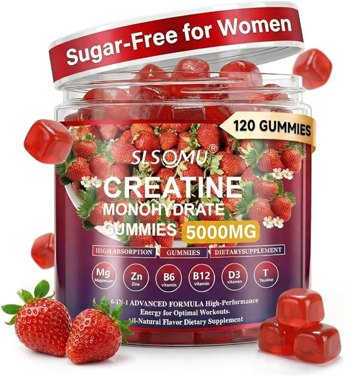 Creatine Gummies for Women 5000mg Pre-Workout Muscle Strength &amp Energy Support 0 Sugar Creatine Gummy with L-Taurine Zinc B12 B6 Strawberry Flavor Vegan - 120 Gummies