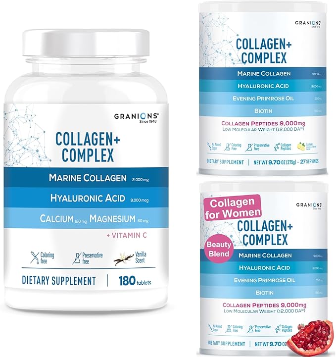 Granions Marine Collagen Lemon Powder Collagen Complex Calcium Magnesium and Marine Collagen Pomegranate Powder Bundle