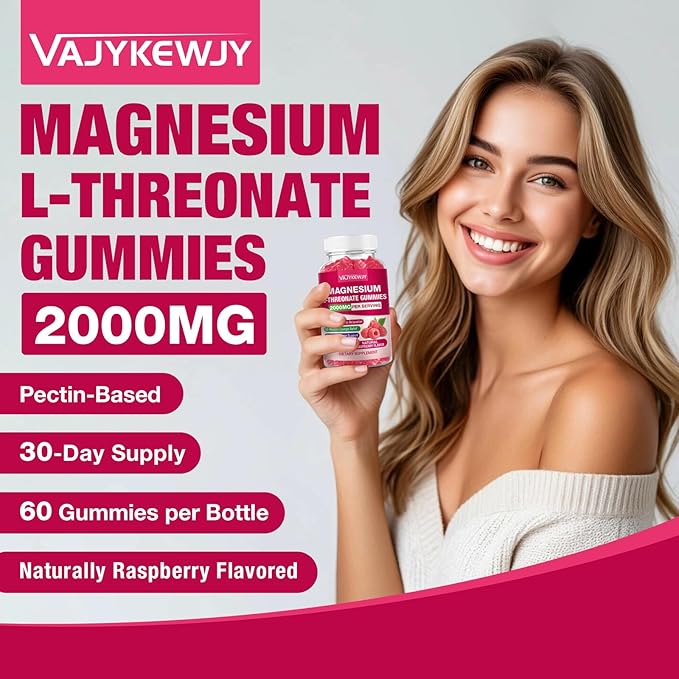 2 Pack Magnesium L-Threonate Gummies - 2000mg for Brain Muscle &amp Nervous System Support. Sugar-Free Raspberry Flavor 120 Count for Kids &amp Adults