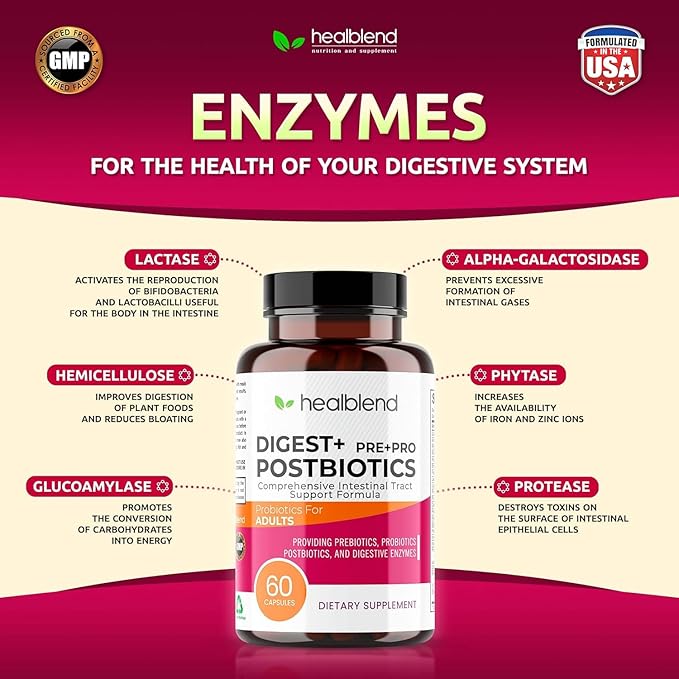Digest + Postbiotics Supplement for Women and Men Multi Enzymes Organic Prebiotic &amp Probiotic for Digestive Health with Bromeline Papin and Lipase Non-GMO Gluten-Free 60 Vegetarian Caps (3)