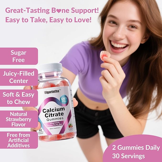 Calcium Citrate Gummies 1200mg with MagnesiumVitamin D3 K2 Calcium Supplements for Women &amp Men- Easy to Digest Vegan Gluten FreeSugar Free- Strawberry Flavor 120 Calcium Gummies