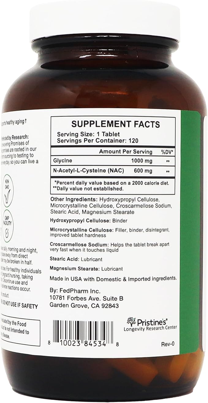 GlyNAC Supplement Complex Large Size Tablet 1600MG Glutathione Production - 3rd Party Tested Healthy Aging &amp Cognitive Support - Glycine &amp NAC Gluten Free Non GMO USA Made Glass Bottle