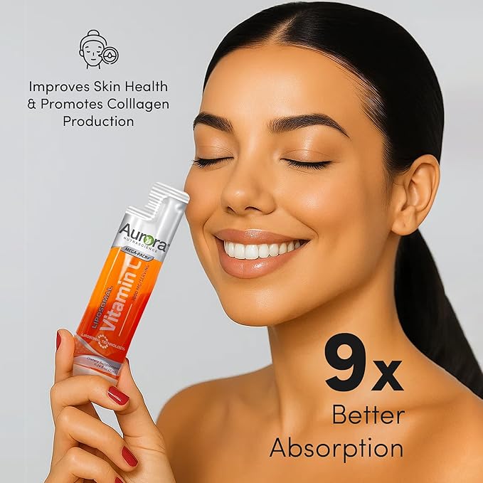 Vida Lifescience Aurora Nutrascience Mega-Pack Liposomal Vitamin C Immune Support 3000 mg per Serving Vegan Gluten Free Non-GMO 32 Single Serve Packets Orange