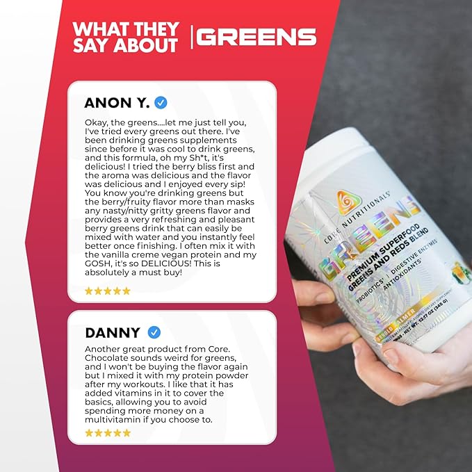 Core Nutritionals Greens | Premium Superfood Reds &amp Greens Blend | 5 Billion CFU Probiotics Digestive Enzymes &amp Antioxidants | 30 Servings (Berry Bliss)