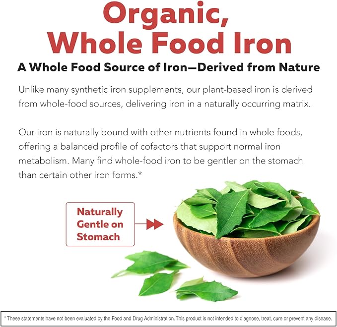 Organic Iron Supplement | Whole Food Mineral &amp Cofactors 25 mg Elemental | Enhanced Absorption Plus Blood Health Vitamins – Gentle Form – Supports Healthy Levels &amp Blood Health – 90 Capsules