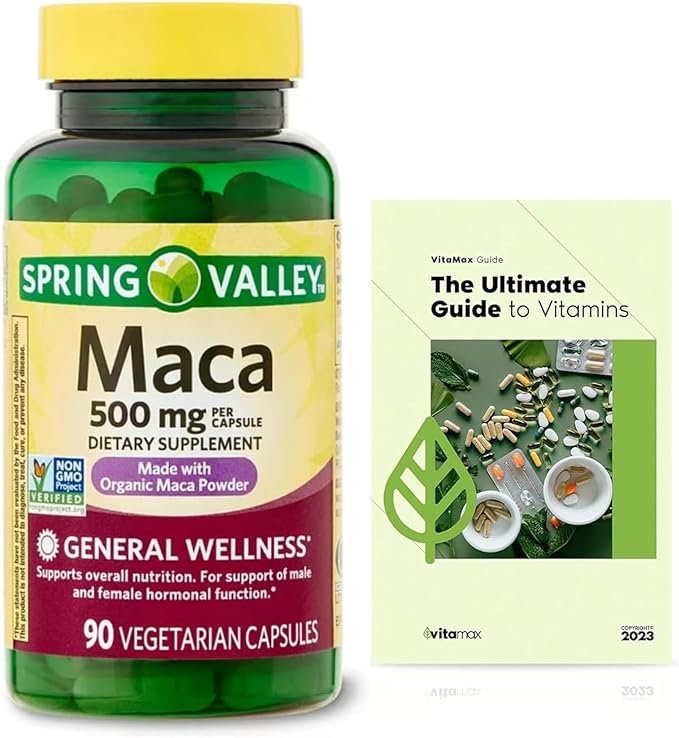 Generic Spring Valley Maca Root 500mg Capsules Organic Maca Root for Women and Men + Exclusive VitaMax Vitamin Guide (2 Items)