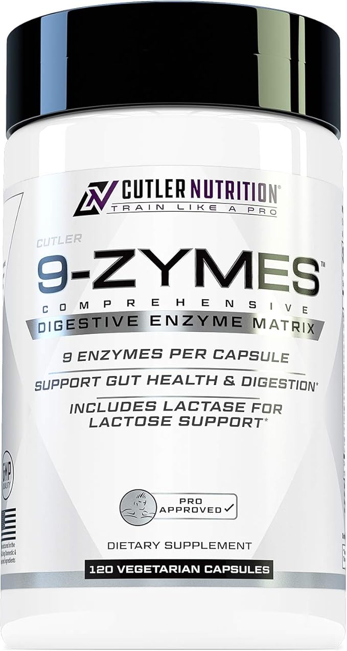 Cutler Nutrition 9-Zymes Digestive Enzyme Supplement: Contains Bromelain Protease Lipase Lactase &amp More to Help Reduce Bloating Improve Absorption and Reduce Gas 120 Servings/Capsules