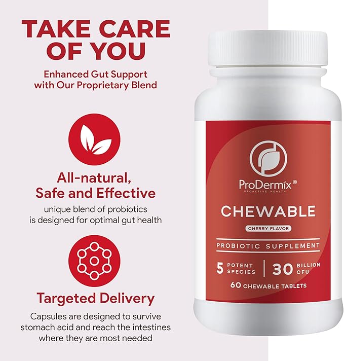 Chewable Probiotic 30 Billion CFU Pleasant Cherry Flavor Probiotics for Digestive Health Propietary Blend of Probiotics Including Acidophilus Kosher (60 Tablets)