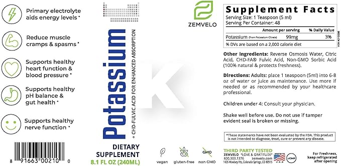 Liquid Ionic Potassium Citrate Supplement | Potassium Electrolyte | Support Healthy Heart | Healthy Gut pH Balance | Support Muscle Health | 8oz 48 Day Supply