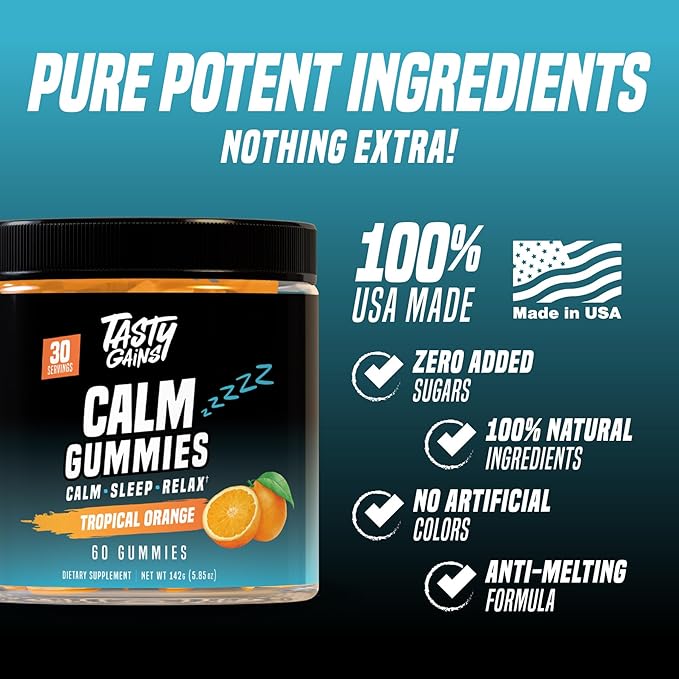TASTY GAINS Magnesium Gummies – Sugar-Free Calm Gummies for Adults &amp Kids – Stress Relief Sleep Support &amp Mood Booster – with L-Theanine Magnesium Citrate &amp Lemon Balm – 60 Chews