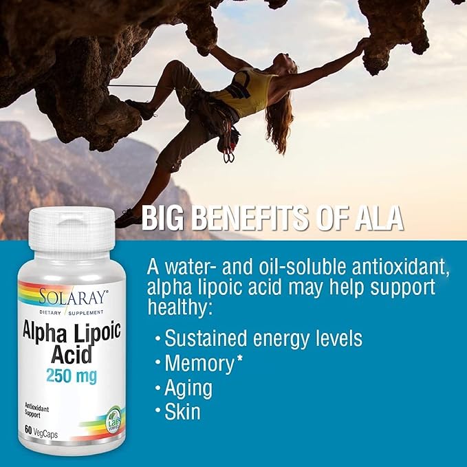 SOLARAY Alpha Lipoic Acid 250 mg - 60 VegCaps - Healthy Antioxidant Activity &amp Energy Support - Non-GMO &amp Vegan
