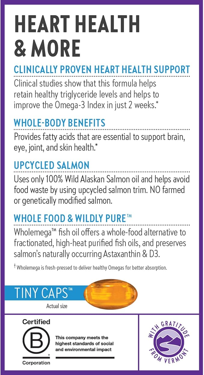 New Chapter Wholemega Fish Oil Supplement Tiny Capsules 2000mg per Serving Clinically Proven Wild Alaskan Salmon Oil with Omega-3 + Vitamin D3 + Astaxanthin 500mg Each - 90 Count