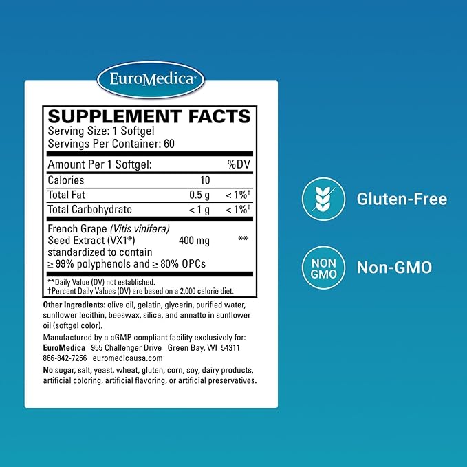 EuroMedica Clinical OPC - Cardiovascular Health &amp Focus Support Supplement - Dietary Supplement with Grape Seed Extract &amp Sunflower Lecithin - Immune Support Supplement Formula - 60 Softgels