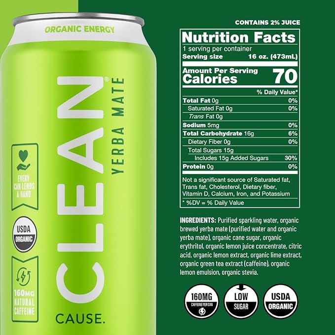 NEW! CLEAN Cause Non-Carbonated Variety Pack &amp Low Calorie Low Sugar Variety Pack USDA Organic Yerba Mate Tea (15.5oz cans 2-12-Pack Case) 160mg Caffeine