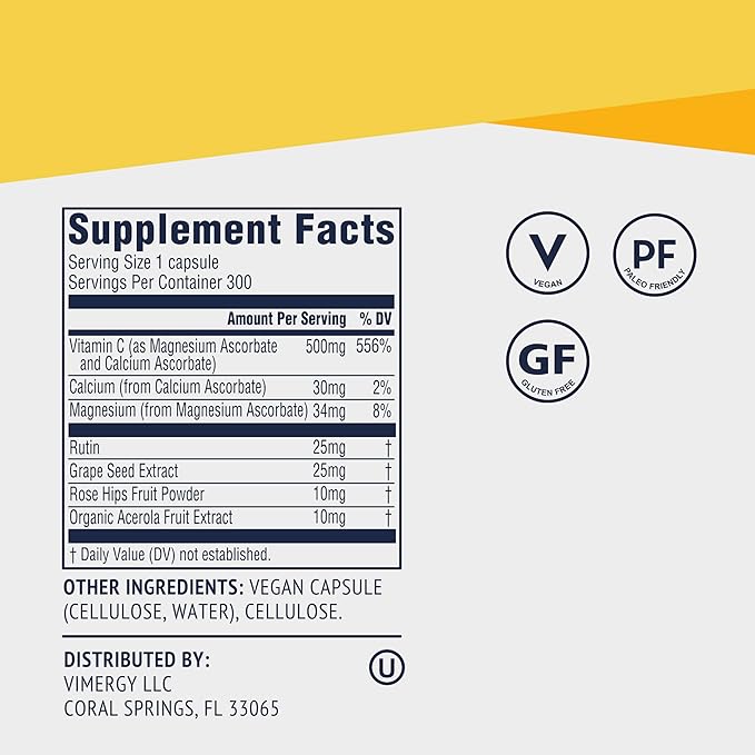Vimergy Micro-C® Vitamin C Capsules – 500mg per Capsule Supports Immune Health* Promotes Collagen Production Supports Healthy Bones* Kosher Vegan &amp Gluten-Free Value Size 300 Capsules