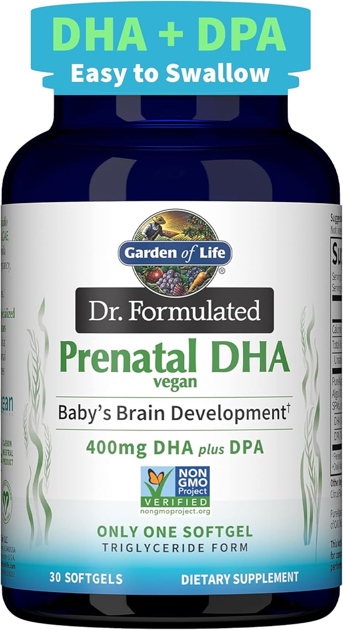 Garden of Life Dr. Formulated Prenatal Vegan DHA - Certified Vegan Omega 3 Supplement with 400mg DHA + DPA from Algal Omega 3 in Triglyceride Form Non-GMO 30 Softgels