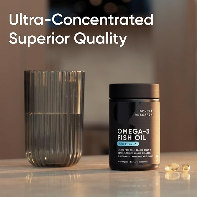 Sports Research® Omega-3 ­­Fish Oil Mini-Softgels - Sourced from Wild Caught Alaska Pollock - Burpless Bovine Free Non-GMO &amp MSC Certified Sustainable - 120 Count