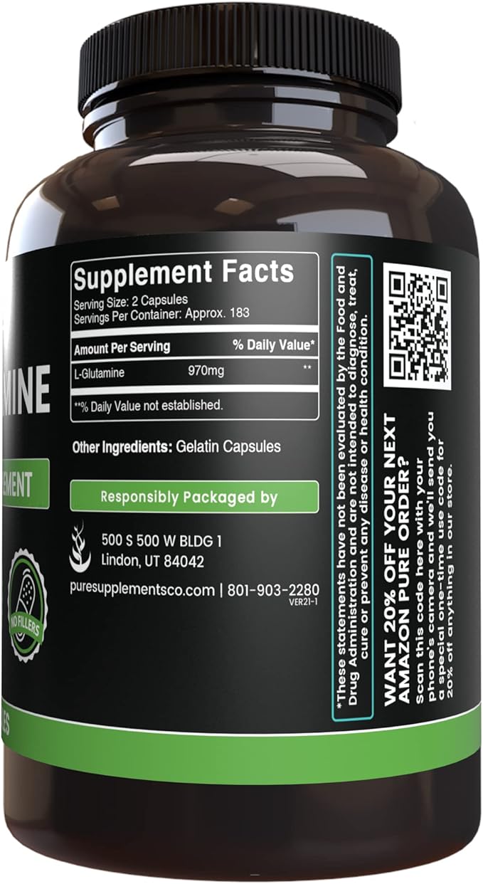 Pure Original Ingredients L-Glutamine &amp BCAA Capsule Bundle (365 Capsules Each) No Magnesium or Rice Fillers