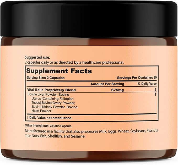 Vital Belle Grass Fed Beef Organ Supplement for Women – Nutrients from Bovine Liver Heart &amp Kidney – Balanced Energy &amp Daily Wellness Support – 60 Grassfed Capsules – Pasture-Raised Organ Ble