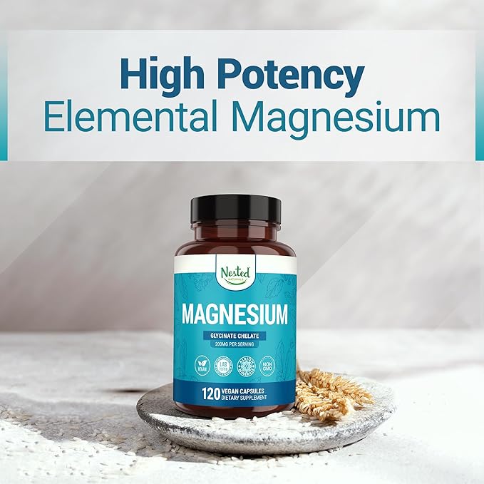 Nested Naturals Magnesium Glycinate Chelate - 200mg Chelated Magnesium Supplement for Muscle Cramps Relaxation &amp Sleep Support - 100% Albion TRACCS Buffered Magnesium Glycinate - 120 Vegan Capsu
