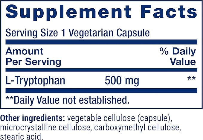 Life Extension L-Tryptophan 500 mg Encourages Healthy Serotonin Levels and Promotes Healthy Sleep Mood Stress Response &amp Satiety Gluten-Free Non-GMO Vegetarian 90 Capsules