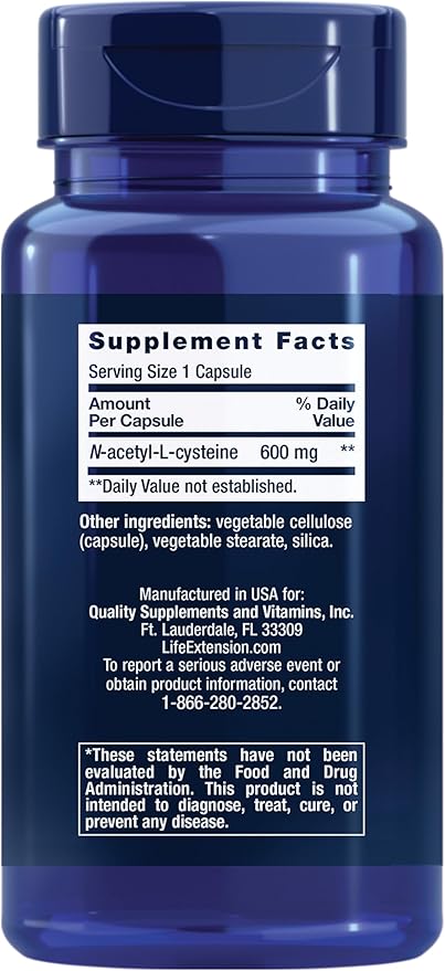 Life Extension N-Acetyl-L-Cysteine (NAC)ImmuneRespiratoryLiver HealthNAC 600 mgPotent antioxidant SupportFree-radicalsEasy to Absorb60 Capsules(Pack of 2)