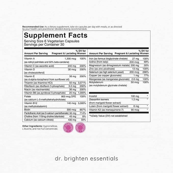 Dr. Brighten Prenatal Plus - Women’s Formulation Active B Vitamins Minerals Antioxidants for Pregnant or Nursing Mothers Non-GMO Vegan No Gluten No Soy - 180 Capsules