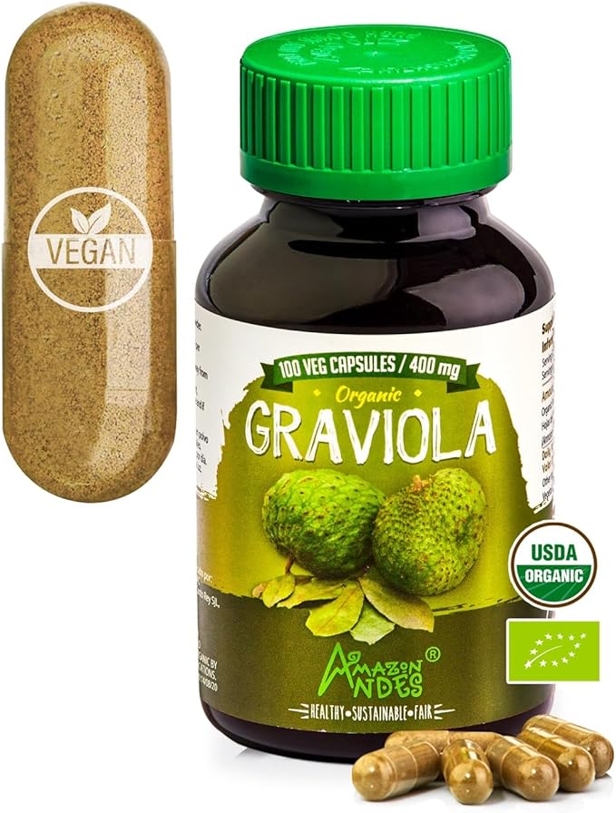 Amazon Andes Organic Graviola Soursop Leaf Capsules 400mg - USDA Certified Annona Muricata from Peruvian Amazon Rainforest - 100 Vegetarian Caps - Guanabana Brazilian Paw Paw Non-GMO