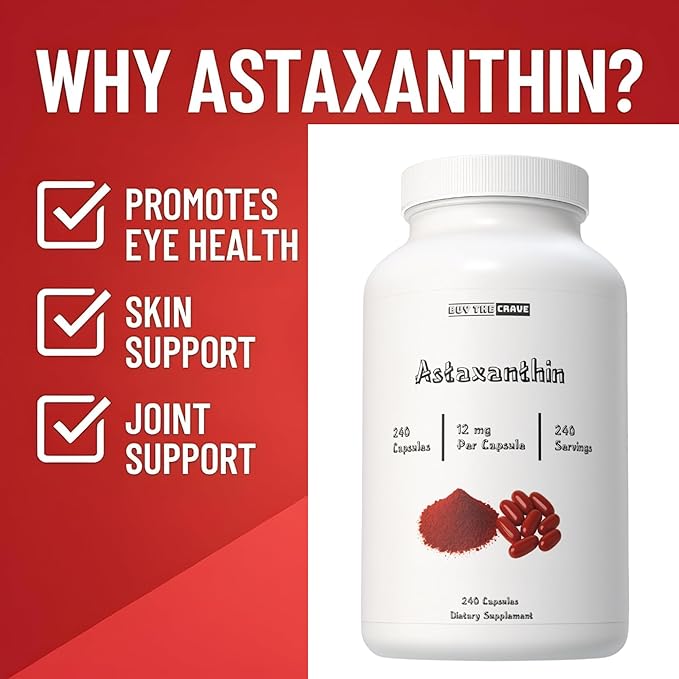 Astaxanthin 12mg Each Capsule Extra Strength - Astaxanthin Supplements Antioxidant Source - Gluten Free 240 Count 120 Servings