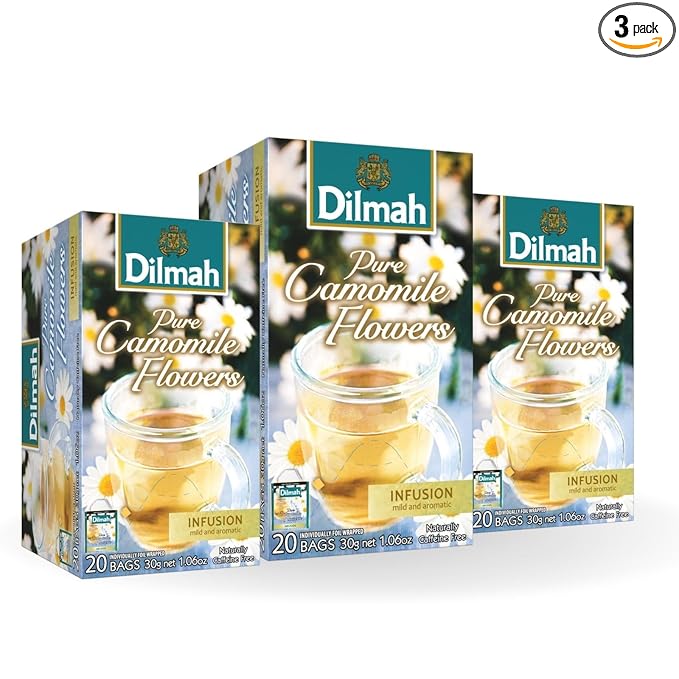 Dilmah Single Origin Camomile Ceylon Herbal Tea – 100% Pure Camomile Flowers Naturally Caffeine-Free Herbal Infusion – 20 Individually Foil-Wrapped Bags per Pack (3-Pack 60 tea bags Total)