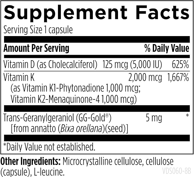 Designs for Health Vitamin D Supreme - Vitamin D 5000 IU with 2000mcg Vitamin K as MK4 for Bone Health Heart Health Mood &amp Immune Support - Vitamin D3 Enhanced with GG Supplement (60 Capsules)